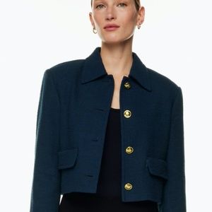 Vintage royal blue with golden metal button tweed crew neck jacket size L